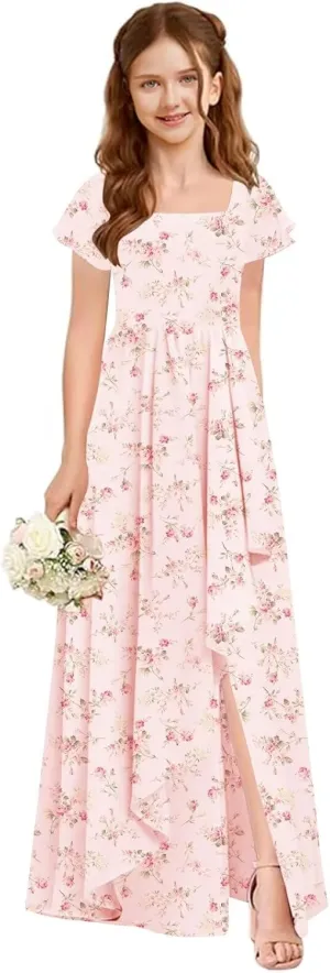 Flutter Sleeve Junior Bridesmaid Dresses for Wedding A Line Summer Chiffon Flower Girl Dress Long with Pockets