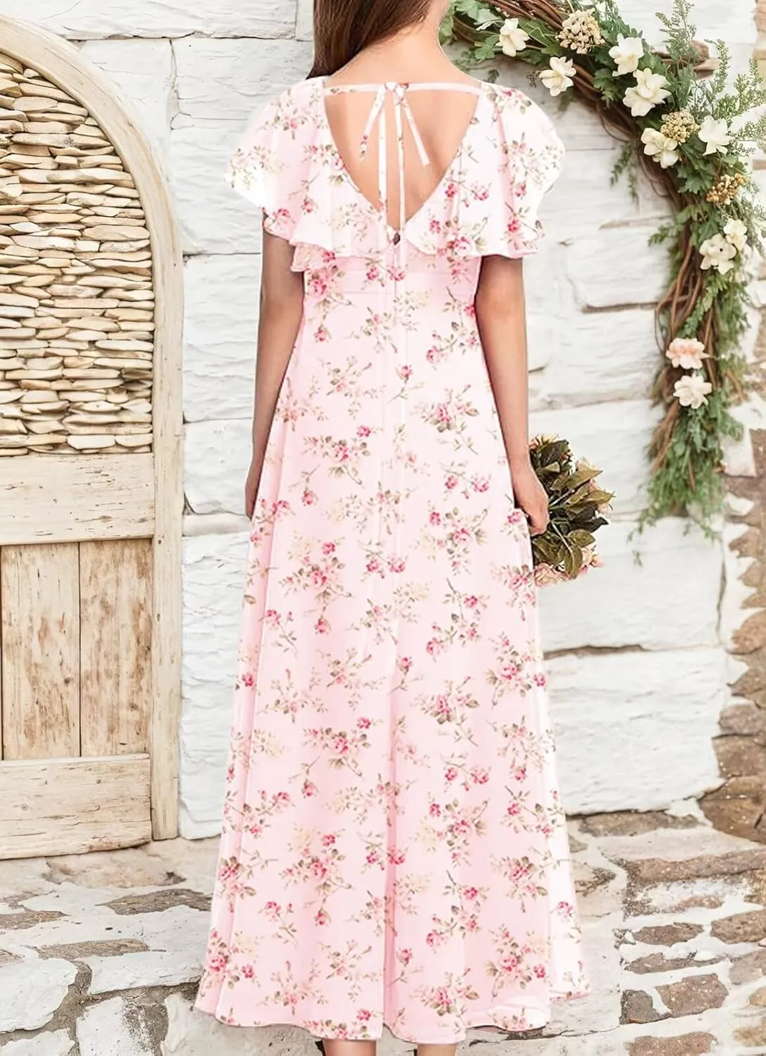 Flutter Sleeve Junior Bridesmaid Dresses for Wedding A Line Summer Chiffon Flower Girl Dress Long with Pockets
