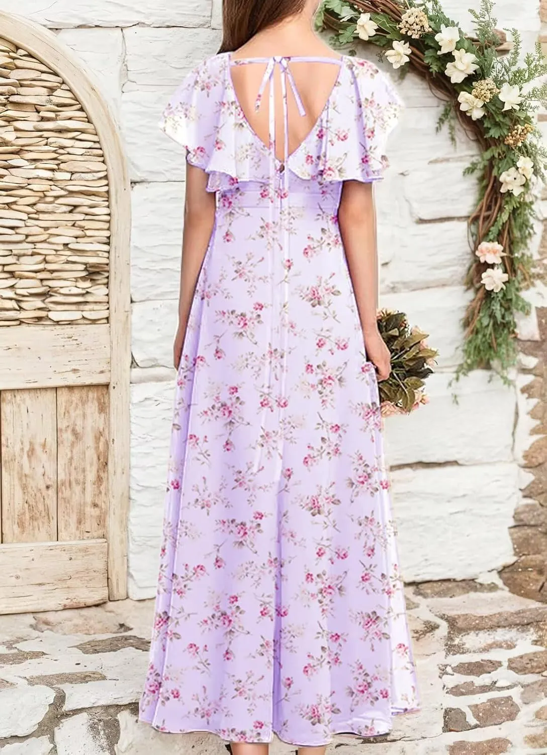 Flutter Sleeve Junior Bridesmaid Dresses for Wedding A Line Summer Chiffon Flower Girl Dress Long with Pockets