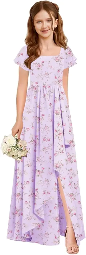 Flutter Sleeve Junior Bridesmaid Dresses for Wedding A Line Summer Chiffon Flower Girl Dress Long with Pockets