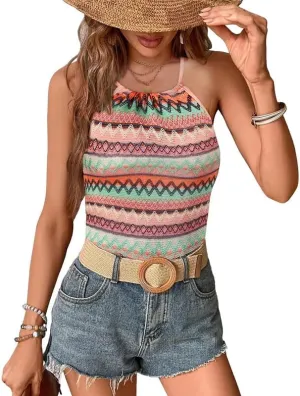 For G and PL Women Summer Geo Print Halter Neck Tank Top Boho Y2K Knit Camisole