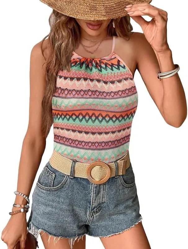 For G and PL Women Summer Geo Print Halter Neck Tank Top Boho Y2K Knit Camisole