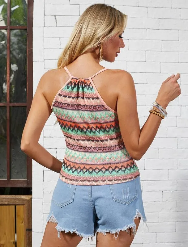 For G and PL Women Summer Geo Print Halter Neck Tank Top Boho Y2K Knit Camisole