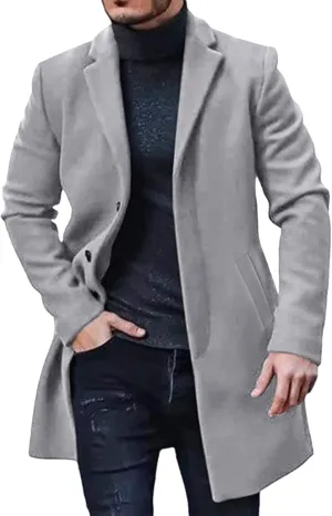 Fxbar Men's Solid Color Spread Collar Trench Coat Classic Single Breasted Extra Long Jacket Streetwear (Z1-Grey, L)