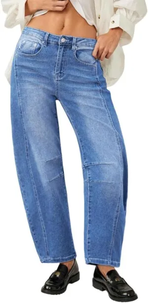 Genleck Barrel Jeans Women Wide Leg Cropped Jeans High Waisted Baggy Boyfriend Mom Denim Ankle Pants with Pockets