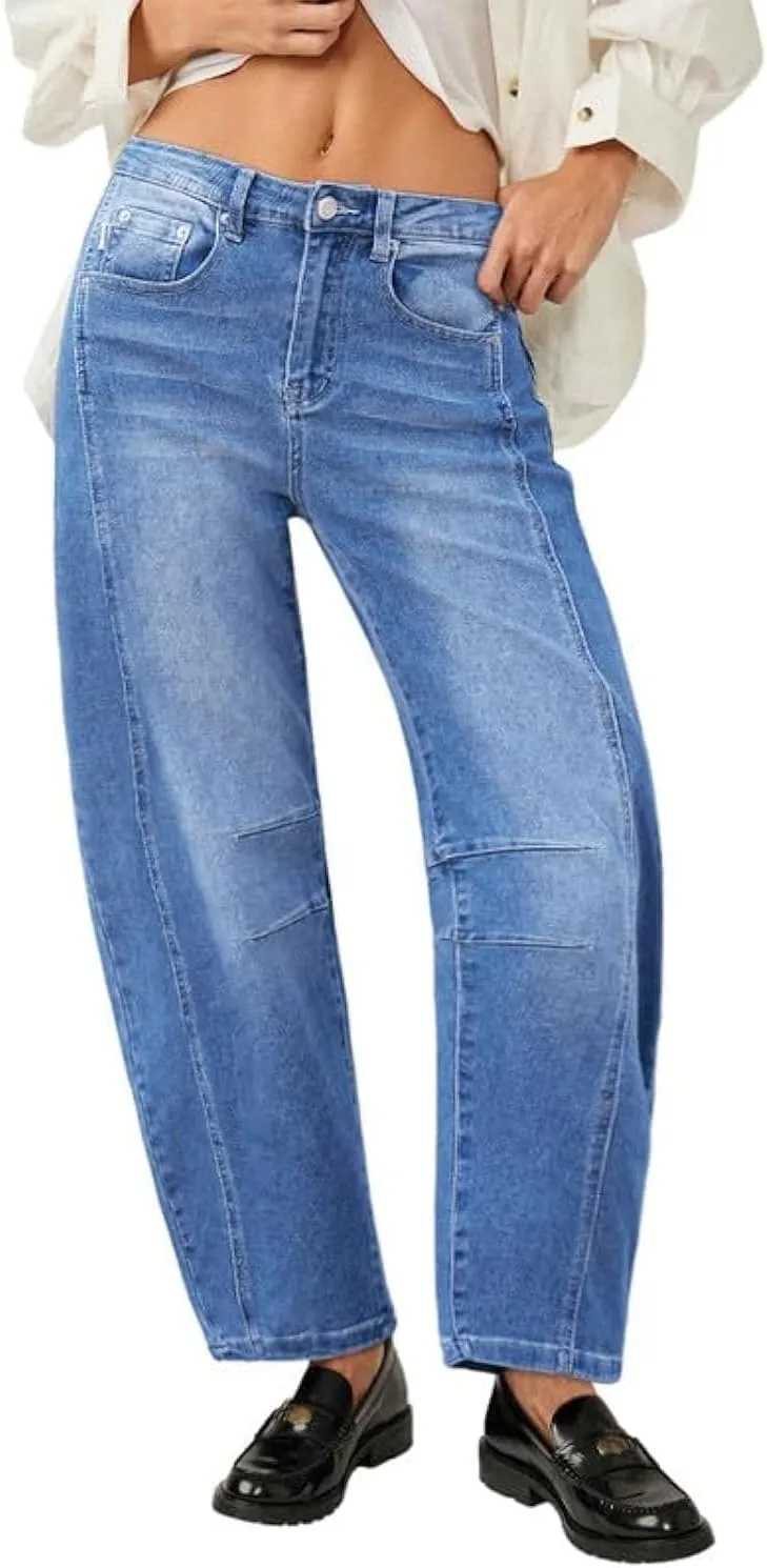 Genleck Barrel Jeans Women Wide Leg Cropped Jeans High Waisted Baggy Boyfriend Mom Denim Ankle Pants with Pockets