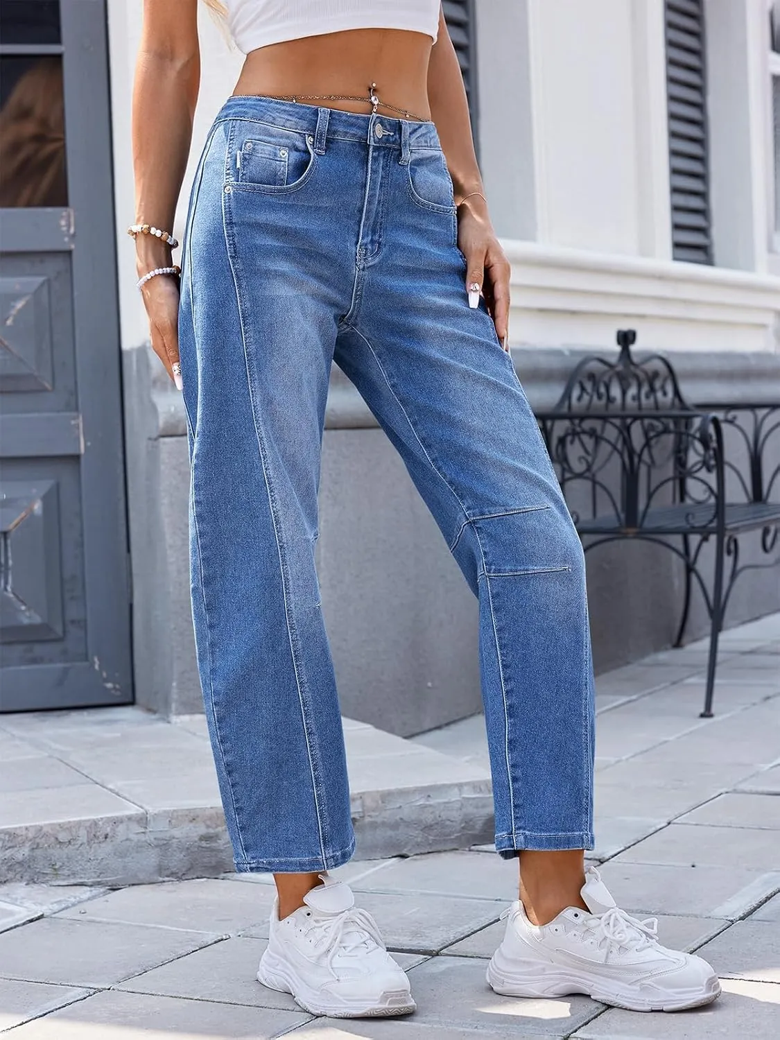 Genleck Barrel Jeans Women Wide Leg Cropped Jeans High Waisted Baggy Boyfriend Mom Denim Ankle Pants with Pockets