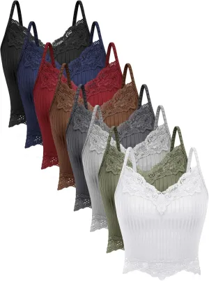 Geyoga 8 Pack Womens Y2k Crop Tops Fairy Grunge Clothes Lace Patchwork Tops V Neck Cami Ribbed Knitted Tank for Women