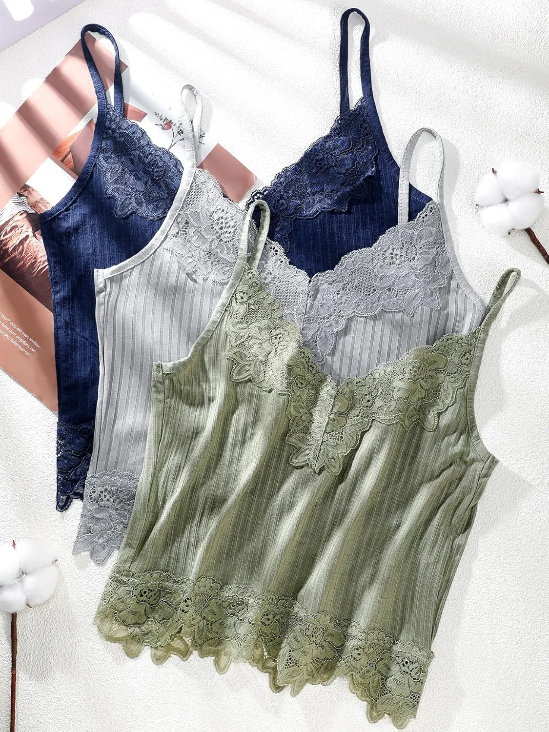 Geyoga 8 Pack Womens Y2k Crop Tops Fairy Grunge Clothes Lace Patchwork Tops V Neck Cami Ribbed Knitted Tank for Women