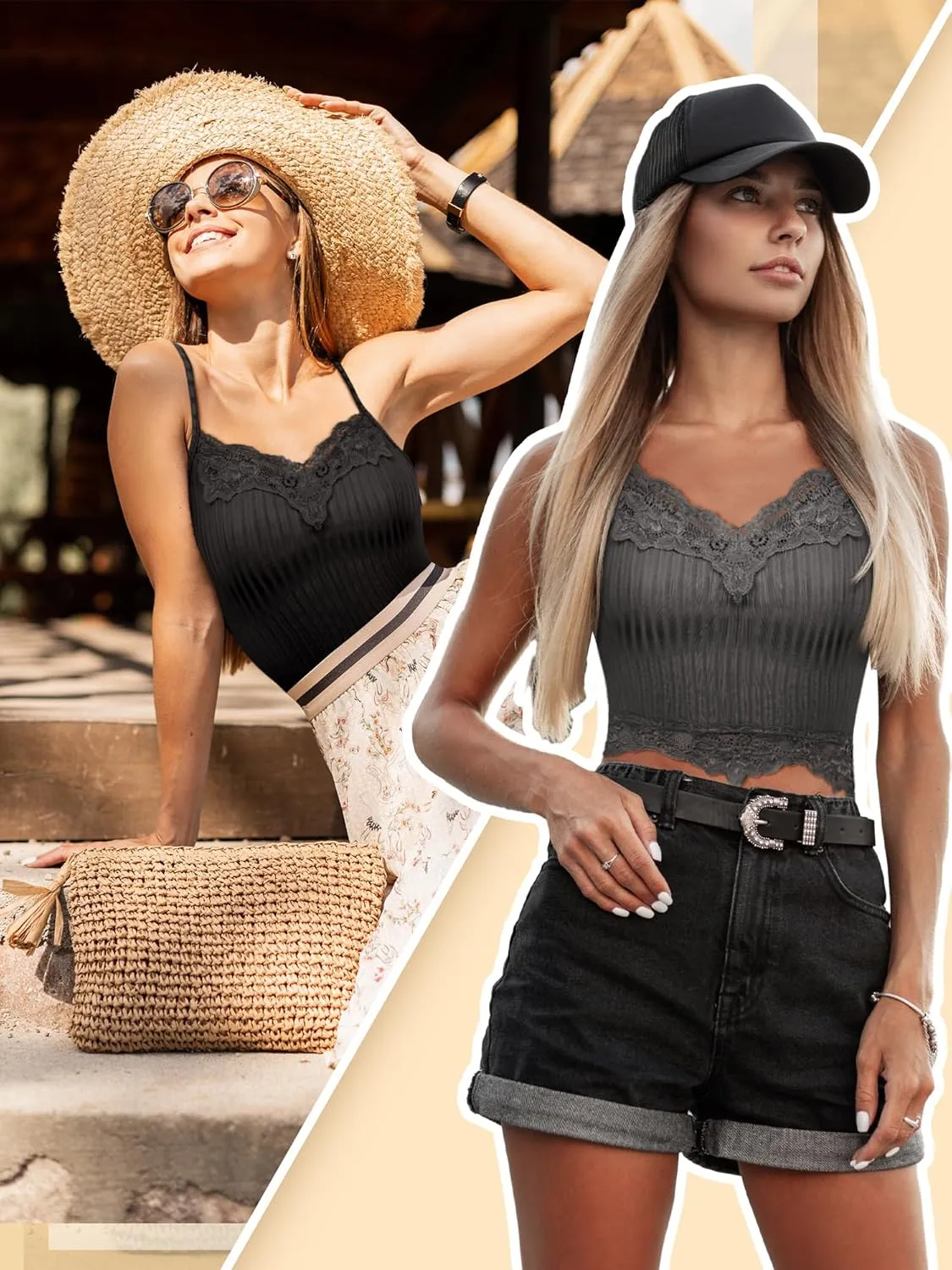 Geyoga 8 Pack Womens Y2k Crop Tops Fairy Grunge Clothes Lace Patchwork Tops V Neck Cami Ribbed Knitted Tank for Women
