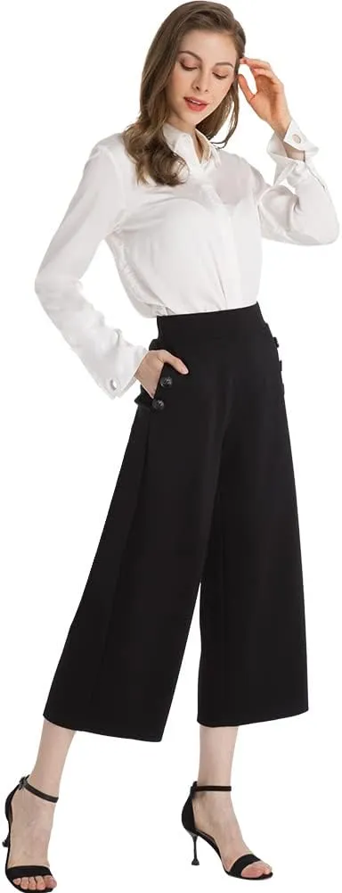 Ginasy Black Wide Leg Pants for Women Business Casual Dress Pants Stretch High Waist Crop Capris Culotte