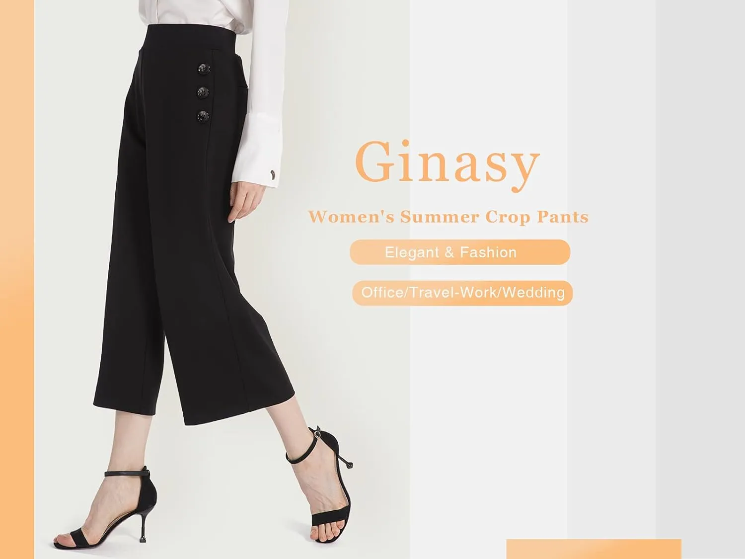 Ginasy Black Wide Leg Pants for Women Business Casual Dress Pants Stretch High Waist Crop Capris Culotte