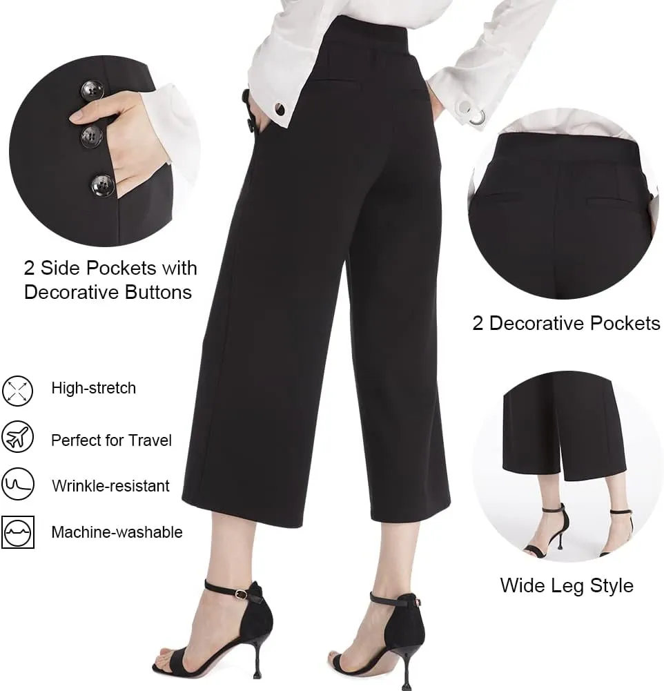 Ginasy Black Wide Leg Pants for Women Business Casual Dress Pants Stretch High Waist Crop Capris Culotte