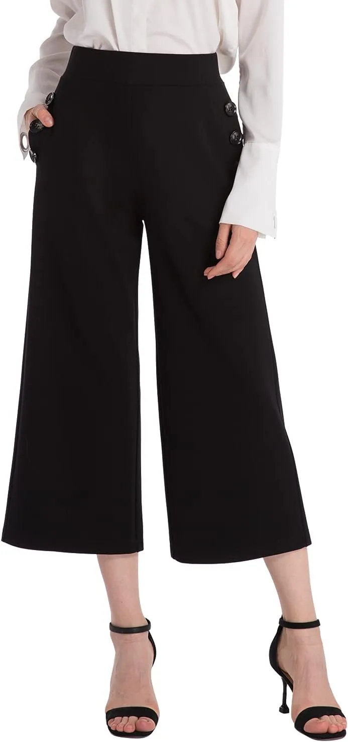 Ginasy Black Wide Leg Pants for Women Business Casual Dress Pants Stretch High Waist Crop Capris Culotte