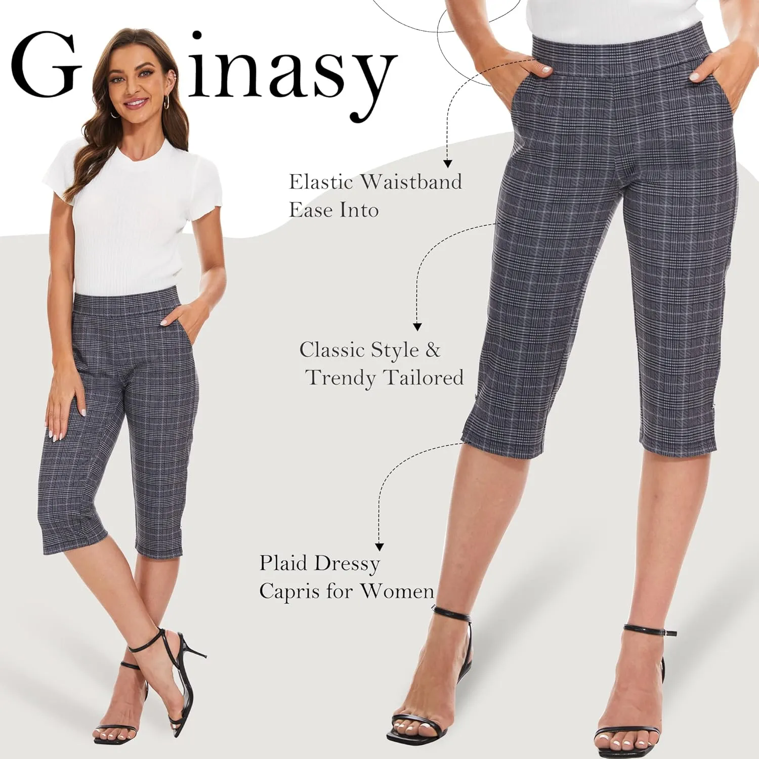 Ginasy Capri Pants for Women Casual Summer Dressy Pull On Stretch High Waisted Crop Work Leggings with Pockets