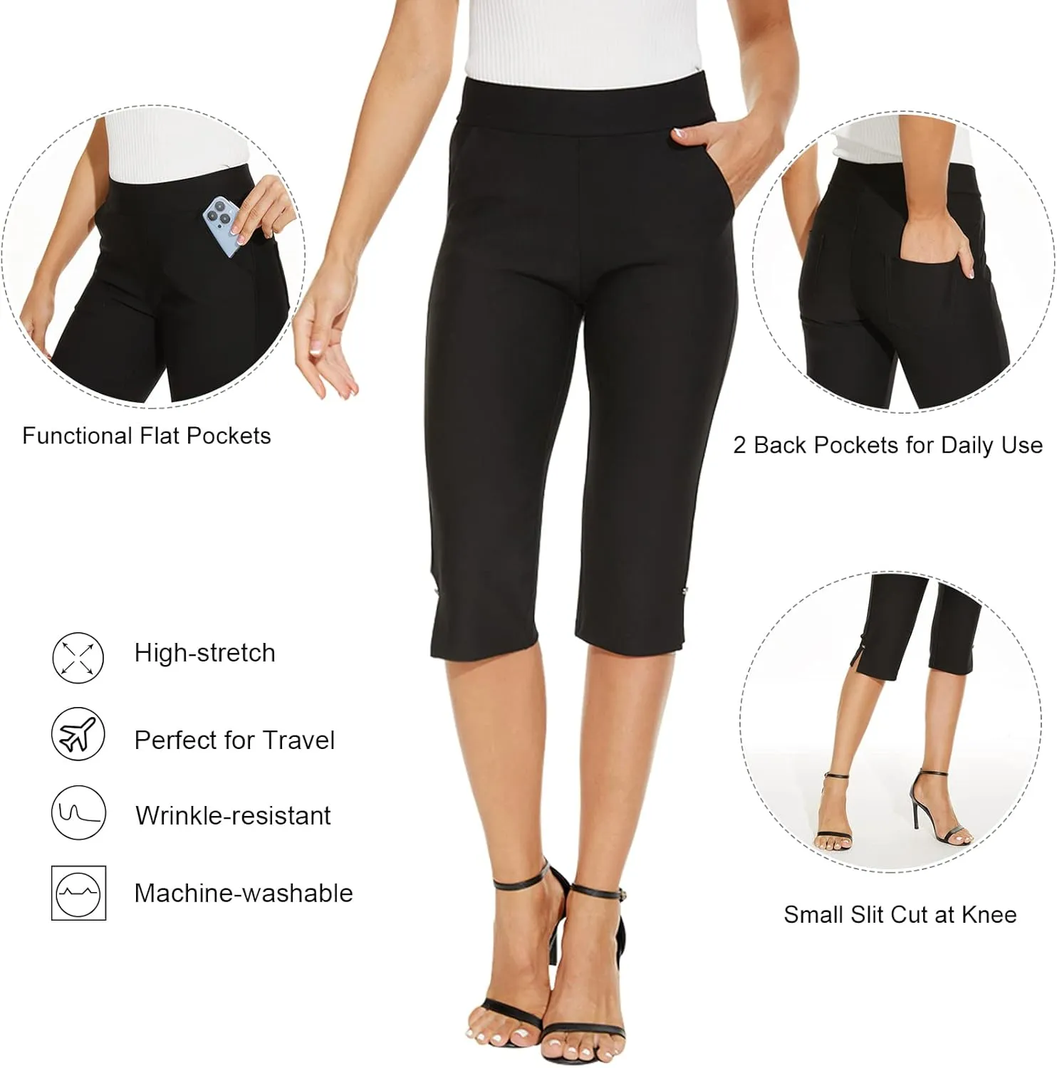 Ginasy Capri Pants for Women Casual Summer Dressy Pull On Stretch High Waisted Crop Work Leggings with Pockets
