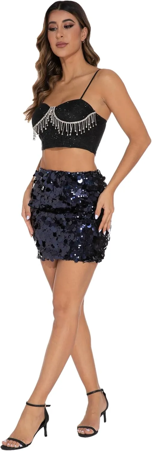 GUANYY Sequin Skirt for Women-Stretchy Bodycon Night Out Party Shine Sparkly Mini Skirts