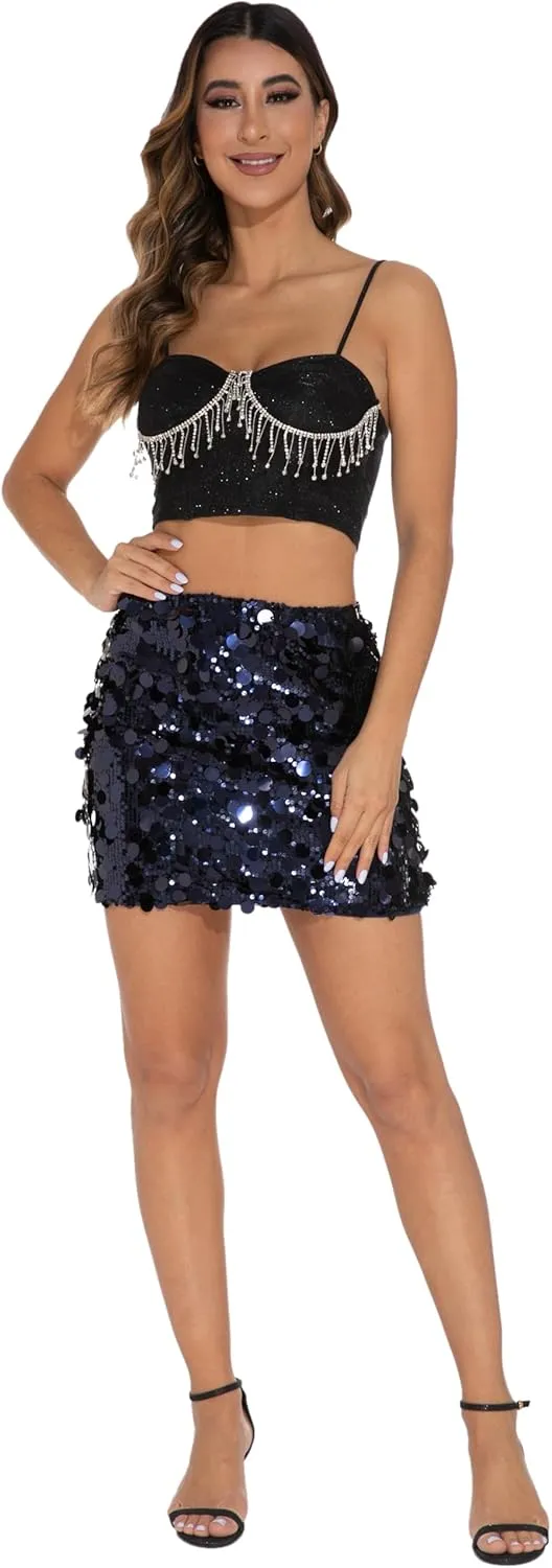 GUANYY Sequin Skirt for Women-Stretchy Bodycon Night Out Party Shine Sparkly Mini Skirts