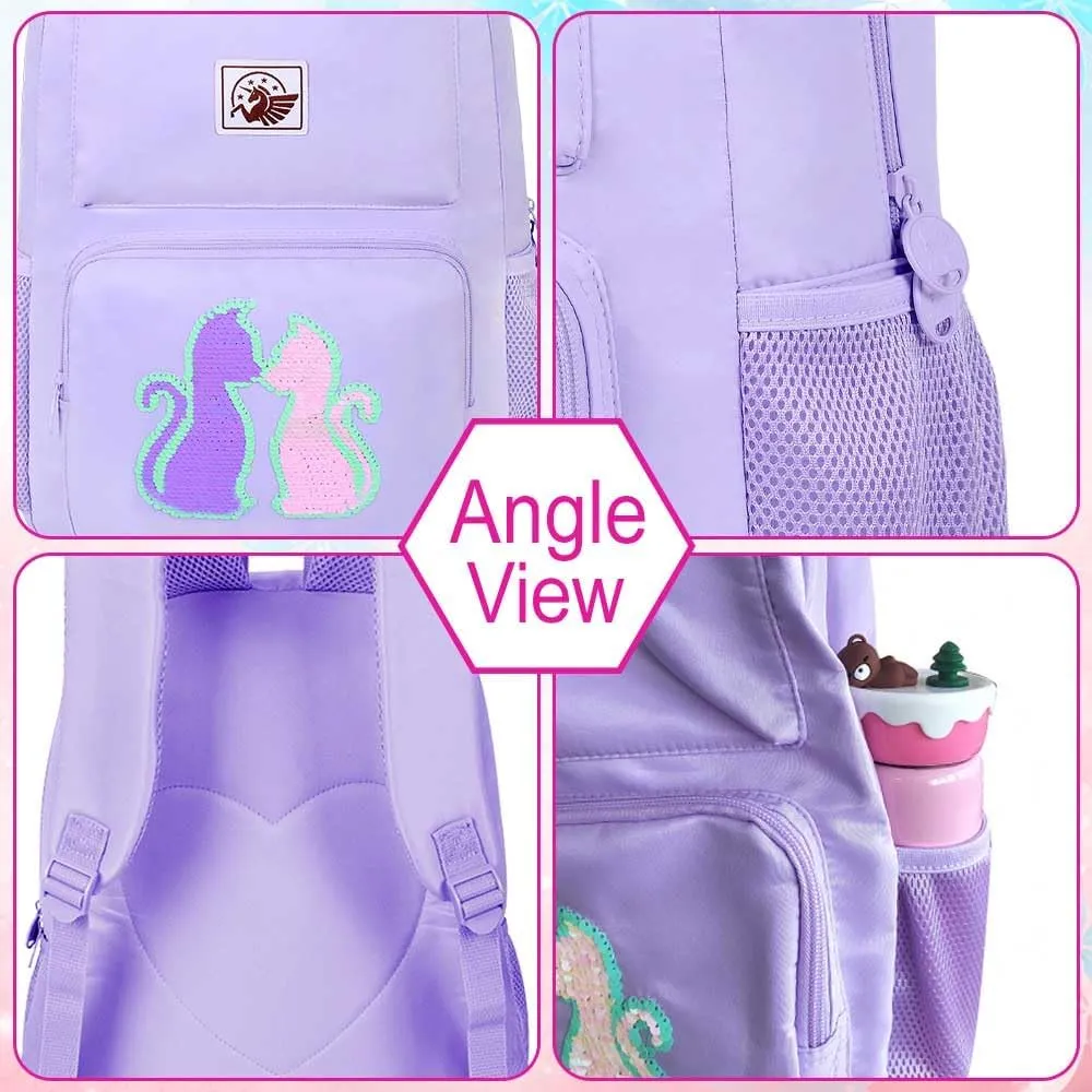 gxtvo 3PCS Cat Backpack, Water Resistant Girls Aesthetic Bookbag with Lunch Box, 18 Inch Cute Anti Theft School Bag Set for College Teenagers Senior Junior Elementary - Purple Cat