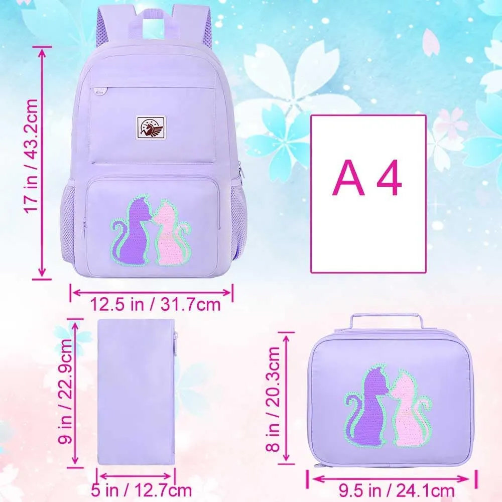 gxtvo 3PCS Cat Backpack, Water Resistant Girls Aesthetic Bookbag with Lunch Box, 18 Inch Cute Anti Theft School Bag Set for College Teenagers Senior Junior Elementary - Purple Cat