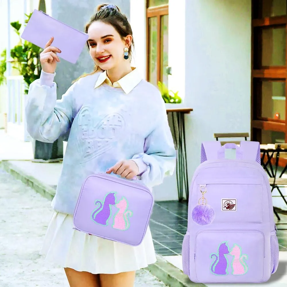 gxtvo 3PCS Cat Backpack, Water Resistant Girls Aesthetic Bookbag with Lunch Box, 18 Inch Cute Anti Theft School Bag Set for College Teenagers Senior Junior Elementary - Purple Cat