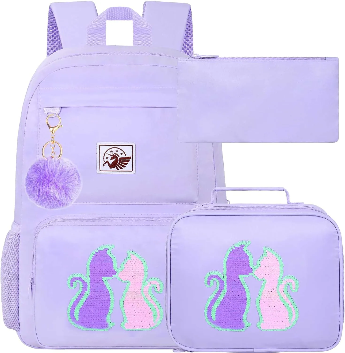 gxtvo 3PCS Cat Backpack, Water Resistant Girls Aesthetic Bookbag with Lunch Box, 18 Inch Cute Anti Theft School Bag Set for College Teenagers Senior Junior Elementary - Purple Cat