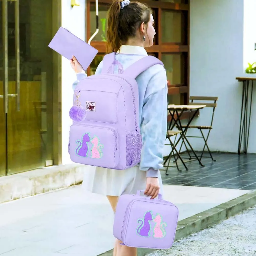 gxtvo 3PCS Cat Backpack, Water Resistant Girls Aesthetic Bookbag with Lunch Box, 18 Inch Cute Anti Theft School Bag Set for College Teenagers Senior Junior Elementary - Purple Cat