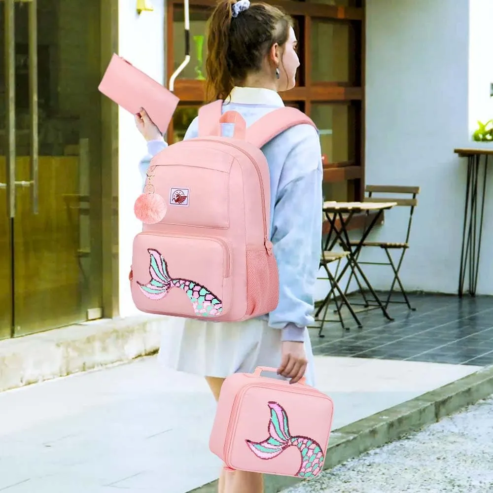 gxtvo 3PCS Mermaid Backpack, Water Resistant Girls Aesthetic Bookbag with Lunch Box, 18 Inch Cute Anti Theft School Bag Set for College Teenagers Senior Junior Elementary - Pink Memaind