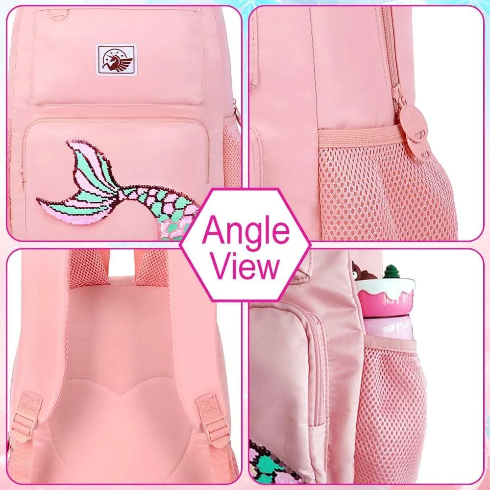 gxtvo 3PCS Mermaid Backpack, Water Resistant Girls Aesthetic Bookbag with Lunch Box, 18 Inch Cute Anti Theft School Bag Set for College Teenagers Senior Junior Elementary - Pink Memaind