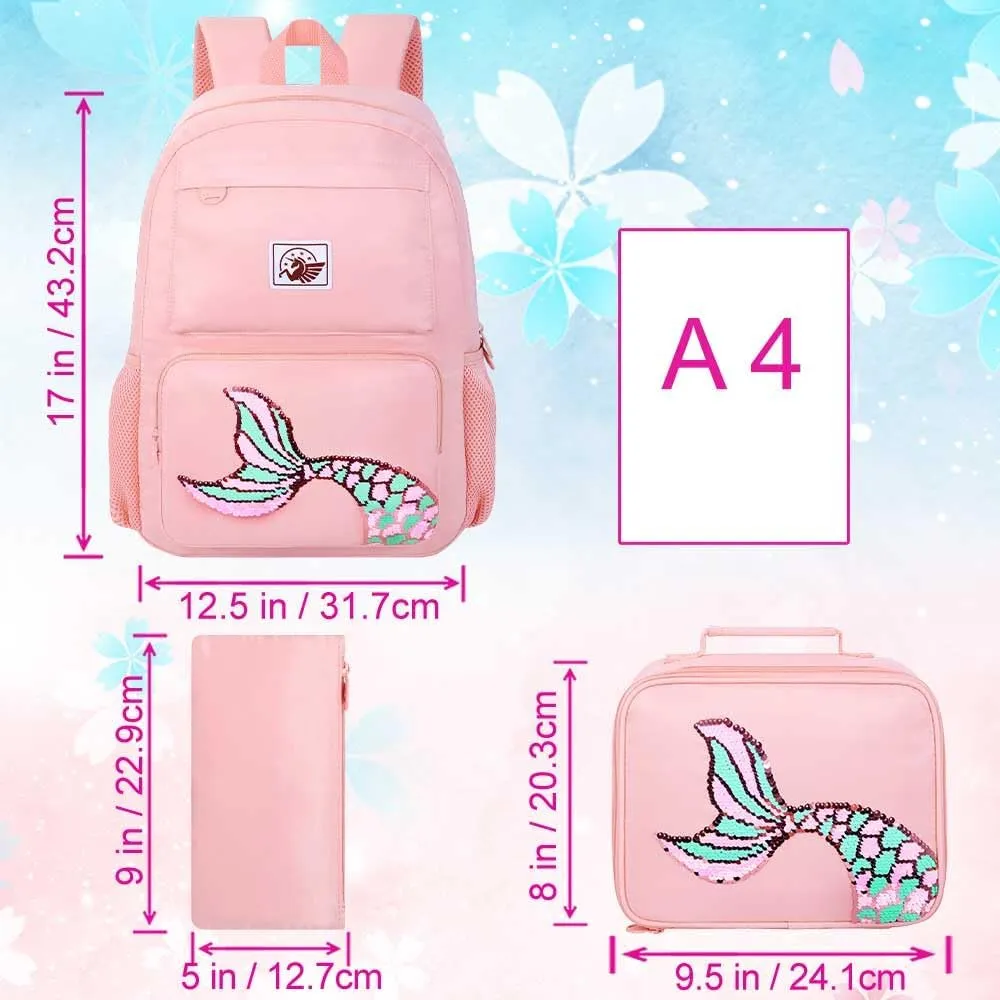 gxtvo 3PCS Mermaid Backpack, Water Resistant Girls Aesthetic Bookbag with Lunch Box, 18 Inch Cute Anti Theft School Bag Set for College Teenagers Senior Junior Elementary - Pink Memaind