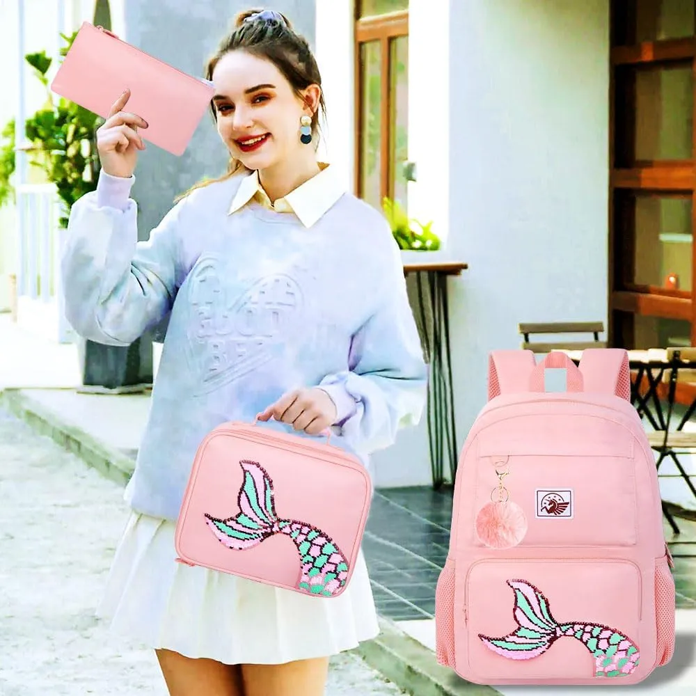 gxtvo 3PCS Mermaid Backpack, Water Resistant Girls Aesthetic Bookbag with Lunch Box, 18 Inch Cute Anti Theft School Bag Set for College Teenagers Senior Junior Elementary - Pink Memaind