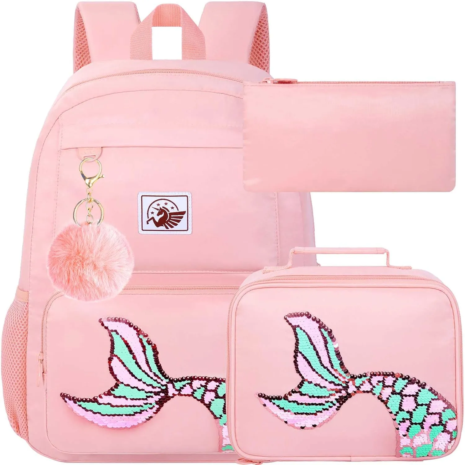 gxtvo 3PCS Mermaid Backpack, Water Resistant Girls Aesthetic Bookbag with Lunch Box, 18 Inch Cute Anti Theft School Bag Set for College Teenagers Senior Junior Elementary - Pink Memaind