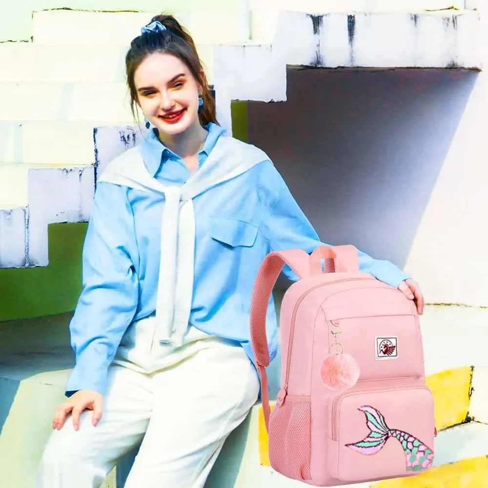 gxtvo 3PCS Mermaid Backpack, Water Resistant Girls Aesthetic Bookbag with Lunch Box, 18 Inch Cute Anti Theft School Bag Set for College Teenagers Senior Junior Elementary - Pink Memaind