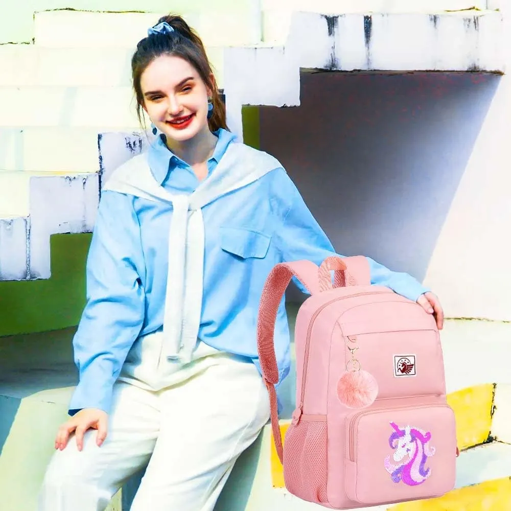 gxtvo 3PCS Unicorn With Sequin Backpack, Water Resistant Girls Aesthetic Bookbag with Lunch Box, 18 Inch Cute Anti Theft School Bag Set for College Teenagers Senior Junior Elementary - Pink Unicorn