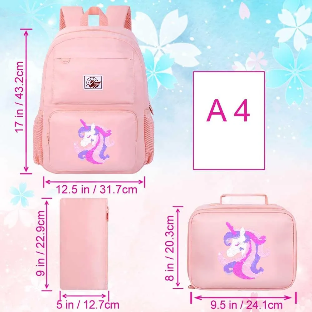 gxtvo 3PCS Unicorn With Sequin Backpack, Water Resistant Girls Aesthetic Bookbag with Lunch Box, 18 Inch Cute Anti Theft School Bag Set for College Teenagers Senior Junior Elementary - Pink Unicorn