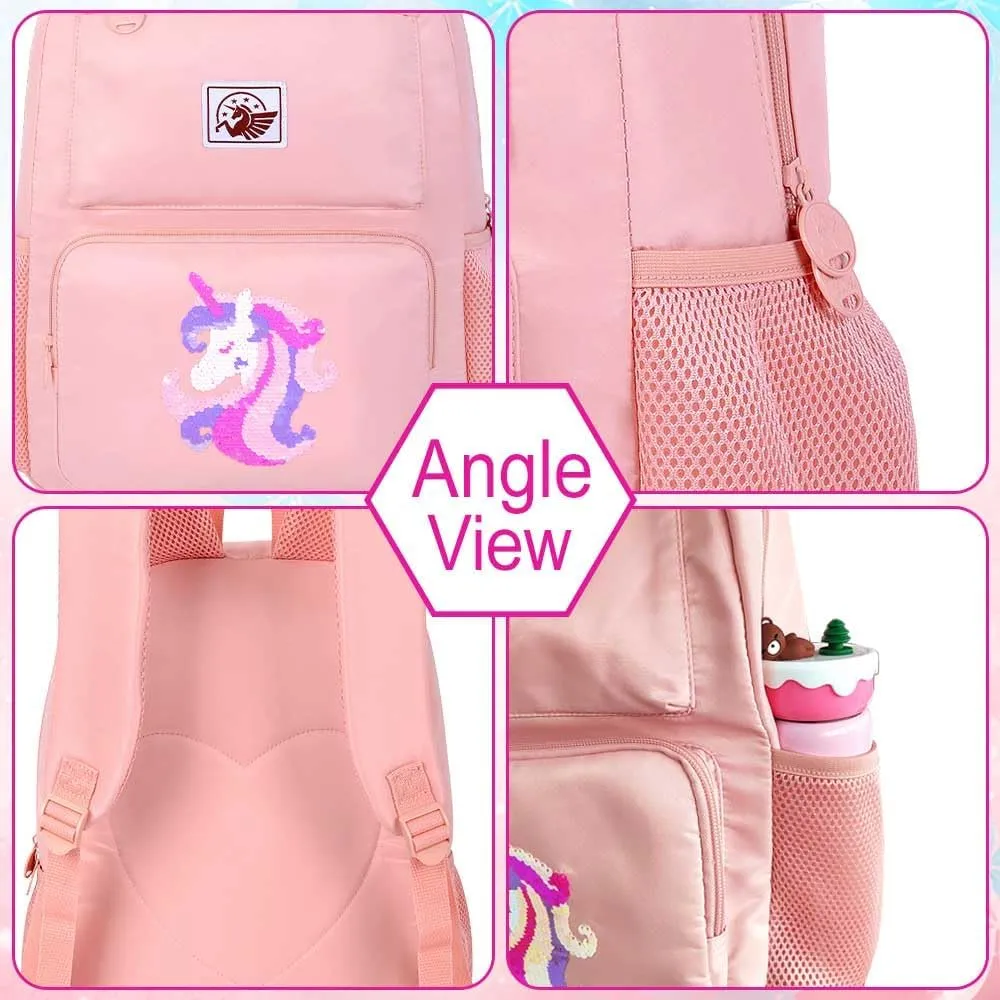 gxtvo 3PCS Unicorn With Sequin Backpack, Water Resistant Girls Aesthetic Bookbag with Lunch Box, 18 Inch Cute Anti Theft School Bag Set for College Teenagers Senior Junior Elementary - Pink Unicorn
