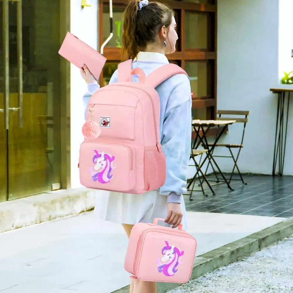 gxtvo 3PCS Unicorn With Sequin Backpack, Water Resistant Girls Aesthetic Bookbag with Lunch Box, 18 Inch Cute Anti Theft School Bag Set for College Teenagers Senior Junior Elementary - Pink Unicorn