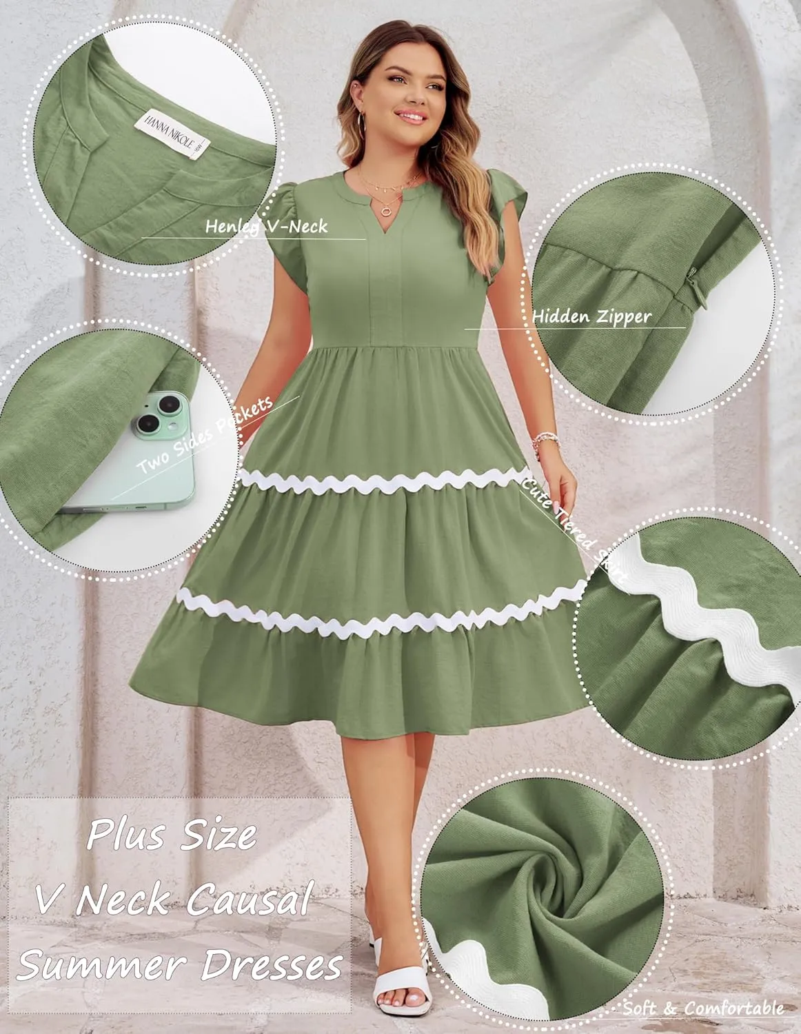Hanna Nikole Women Plus Size Ruffle Sleeve Casual Dress Empire Waist Knee Length Beach Dresses with Pockets