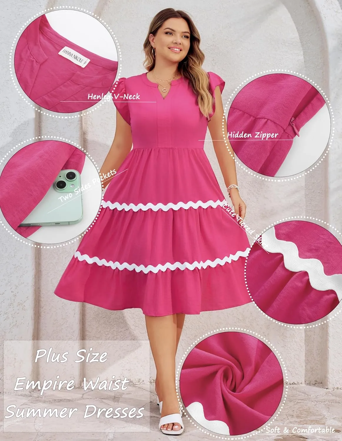 Hanna Nikole Women Plus Size Ruffle Sleeve Casual Dress Empire Waist Knee Length Beach Dresses with Pockets