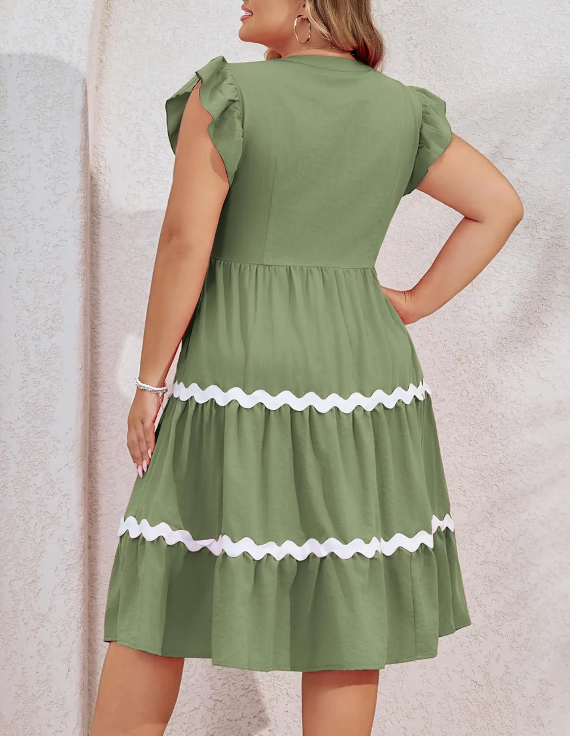 Hanna Nikole Women Plus Size Ruffle Sleeve Casual Dress Empire Waist Knee Length Beach Dresses with Pockets