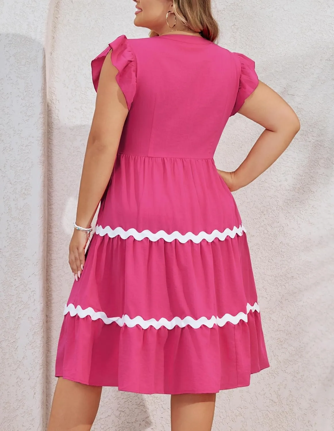 Hanna Nikole Women Plus Size Ruffle Sleeve Casual Dress Empire Waist Knee Length Beach Dresses with Pockets