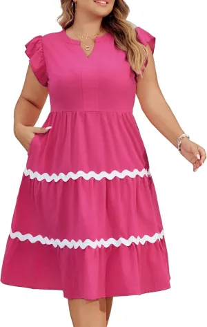 Hanna Nikole Women Plus Size Ruffle Sleeve Casual Dress Empire Waist Knee Length Beach Dresses with Pockets