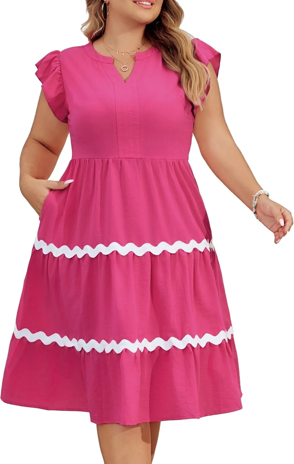 Hanna Nikole Women Plus Size Ruffle Sleeve Casual Dress Empire Waist Knee Length Beach Dresses with Pockets