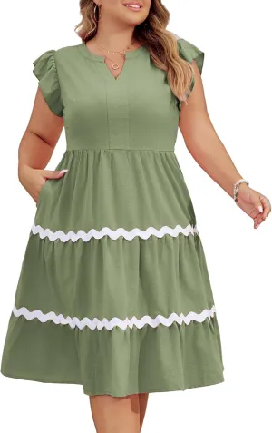 Hanna Nikole Women Plus Size Ruffle Sleeve Casual Dress Empire Waist Knee Length Beach Dresses with Pockets