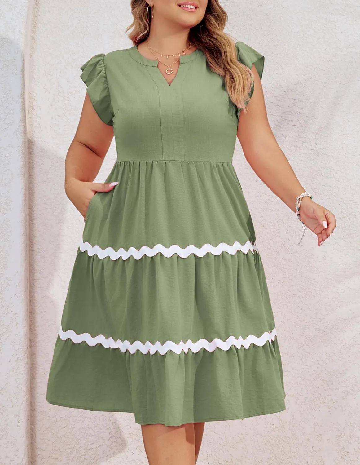 Hanna Nikole Women Plus Size Ruffle Sleeve Casual Dress Empire Waist Knee Length Beach Dresses with Pockets