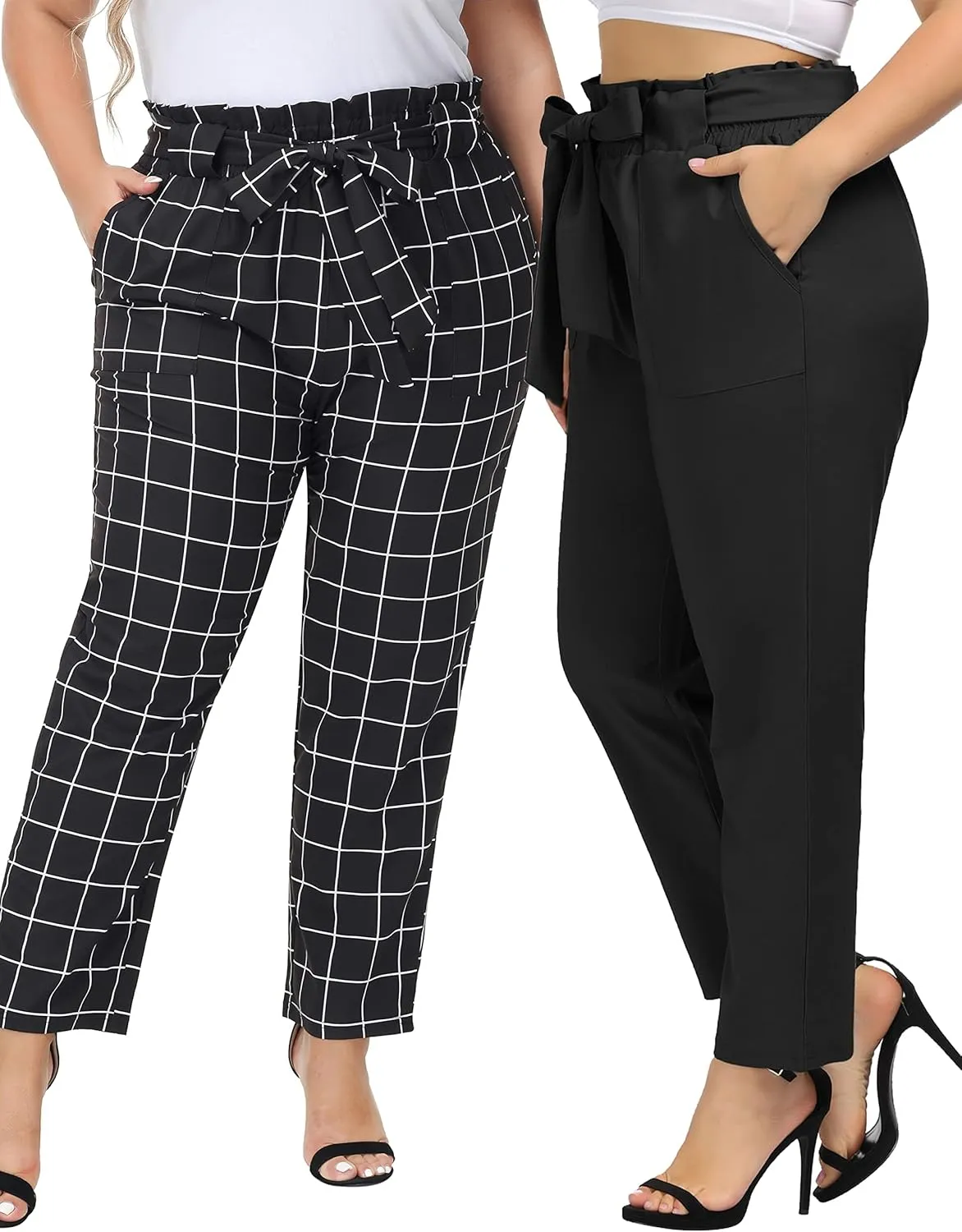 Hanna Nikole Women's Plus Size Elastic Waist Self-Tie Belted Pencil Pants Ankle Length Casual Pants with Pockets