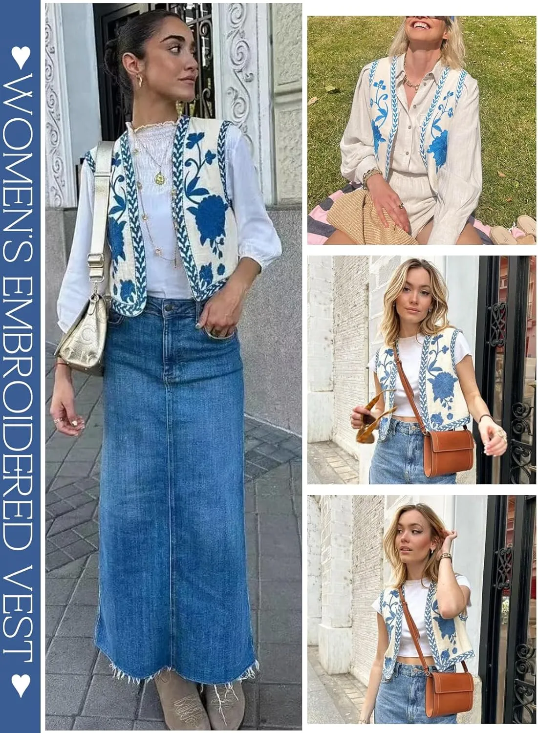 hathne Women's Floral Embroidered Vest Boho Vintage Sleeveless Open Front Cardigan Shirt Vests Waistcoat