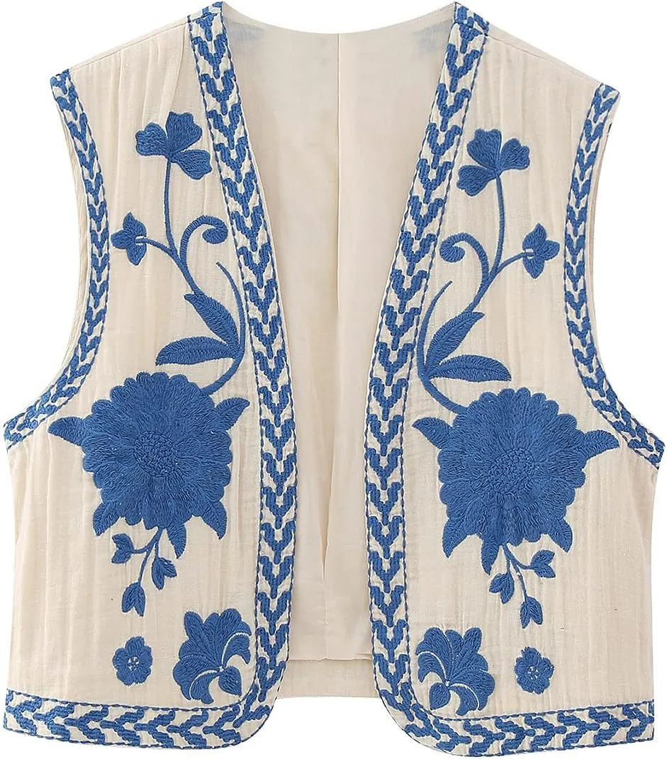 hathne Women's Floral Embroidered Vest Boho Vintage Sleeveless Open Front Cardigan Shirt Vests Waistcoat