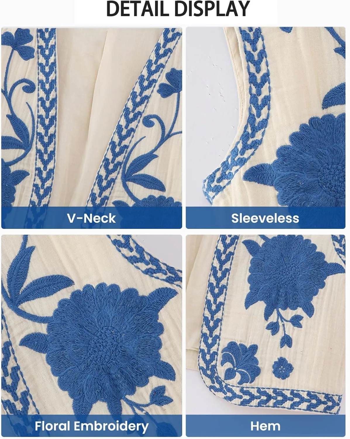 hathne Women's Floral Embroidered Vest Boho Vintage Sleeveless Open Front Cardigan Shirt Vests Waistcoat