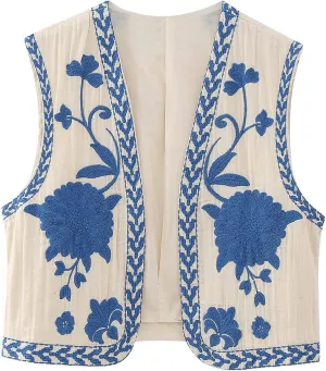 hathne Women's Floral Embroidered Vest Boho Vintage Sleeveless Open Front Cardigan Shirt Vests Waistcoat
